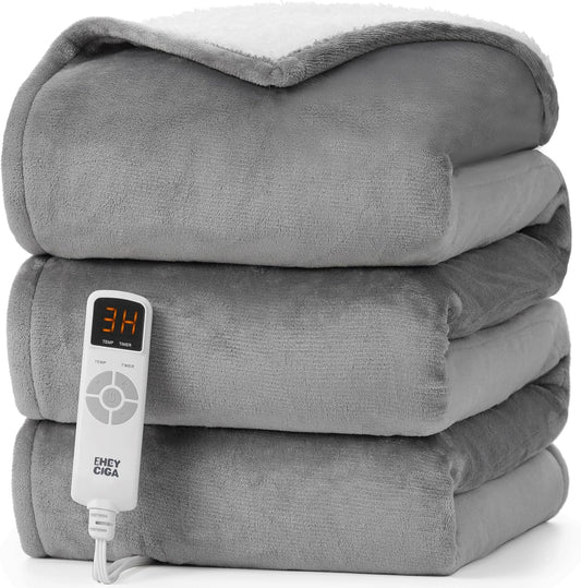 Heated Blanket Electric Blanket Throw - Heating Blanket with 6 Heating Levels & 10 Hours Auto Off, Soft Cozy Sherpa Washable Blanket with Fast Heating, 50 X 60 Inches, Grey